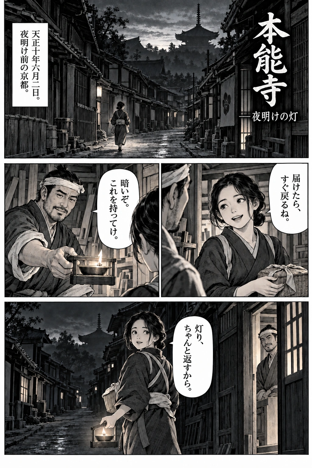 Before dawn, Sayo borrows an oil lamp from Jin and leaves with the repaired box.