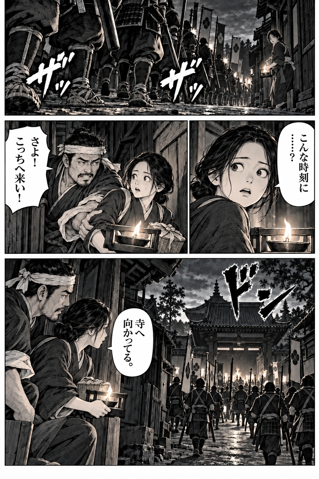 Sayo steps into an alley as armed soldiers head towards Honnōji.
