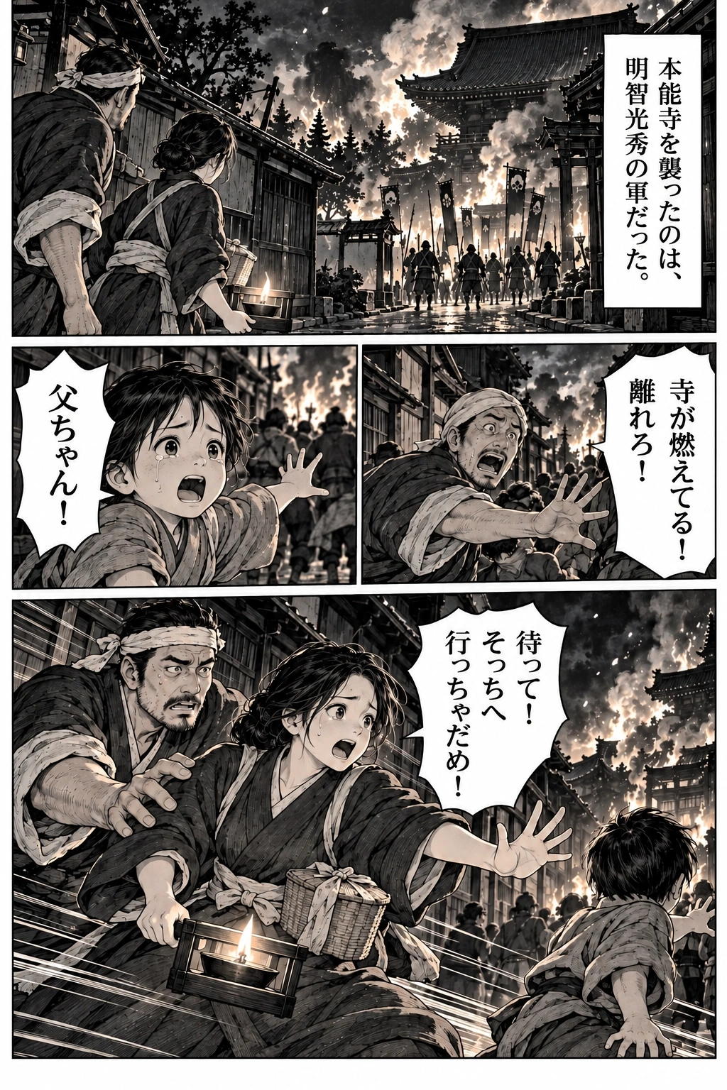 Smoke rises from Honnōji. A child tries to run against the fleeing crowd.