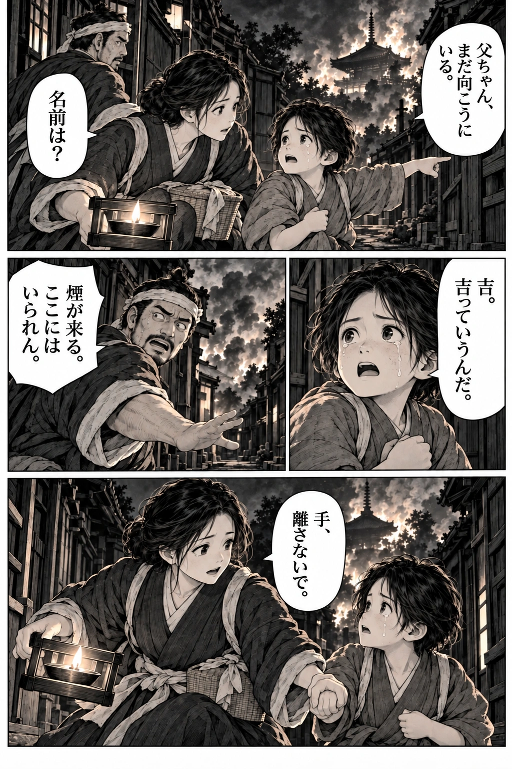Sayo kneels beside the child, who points towards the place where he lost his father.