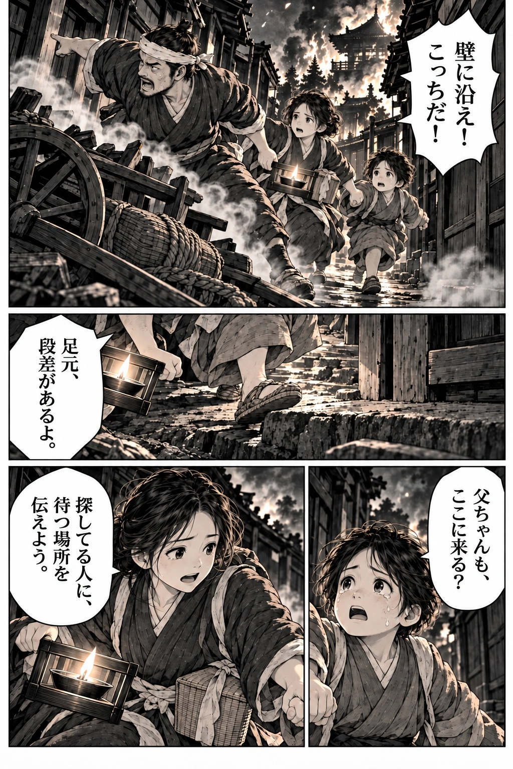 Sayo leads the child through a smoky alley. Jin shows them a way around fallen goods.