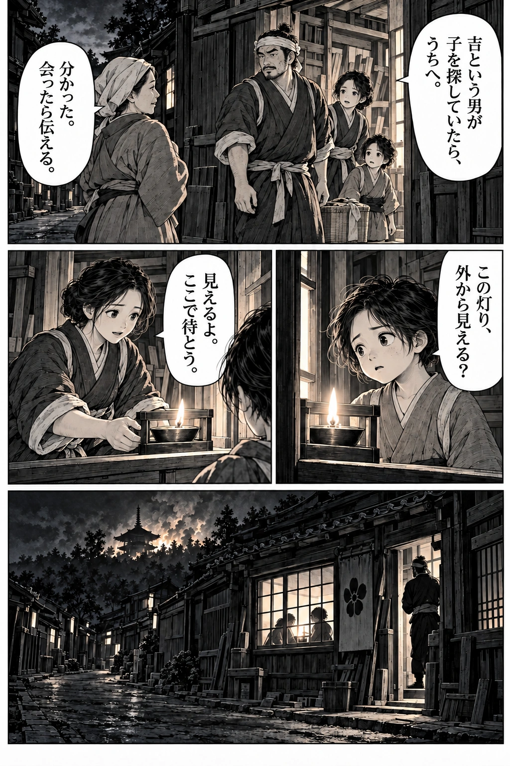 At the workshop, Jin asks a neighbour to carry a message. Sayo and the child wait by a lamp.