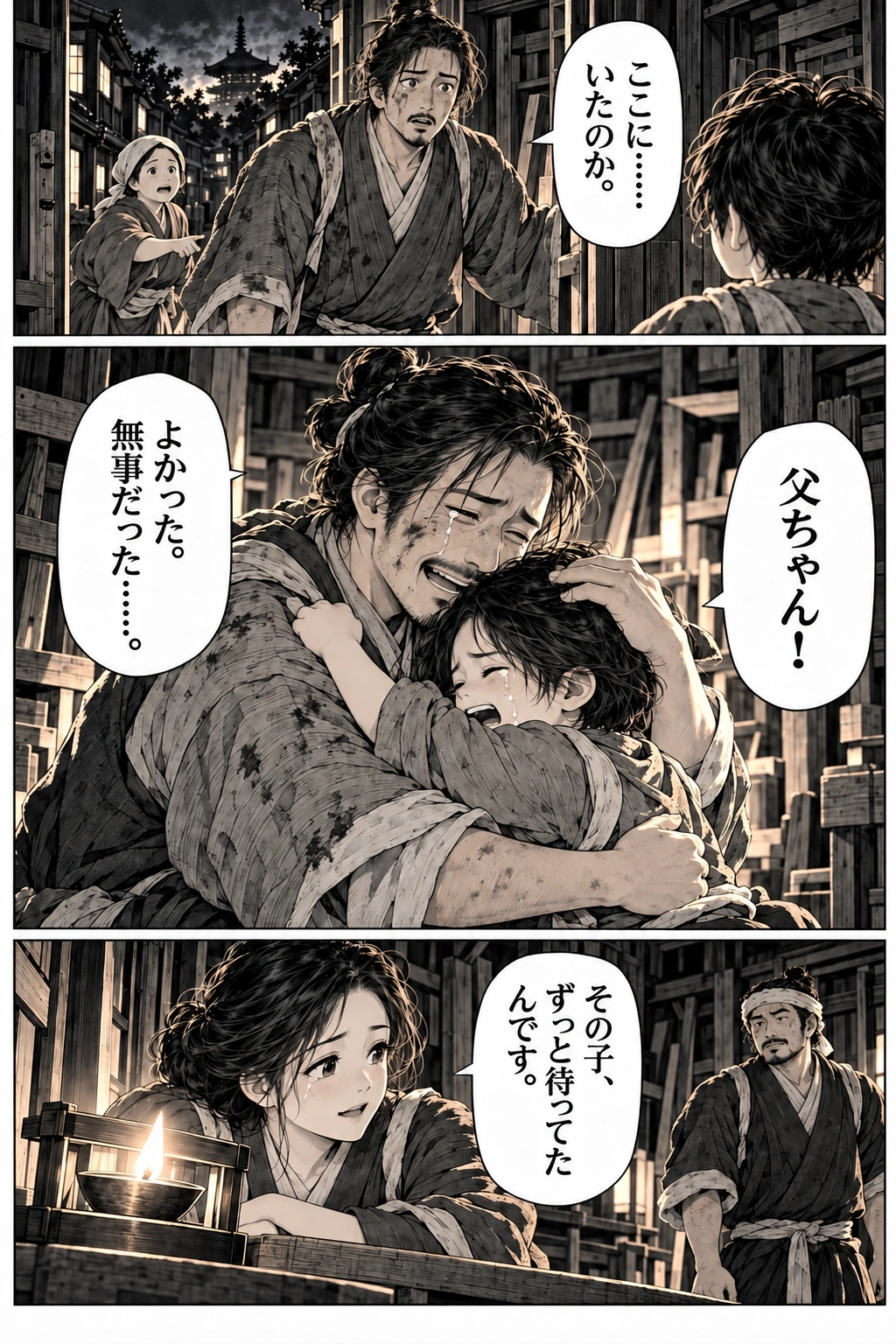 The child’s father arrives with soot on his face and embraces his son.