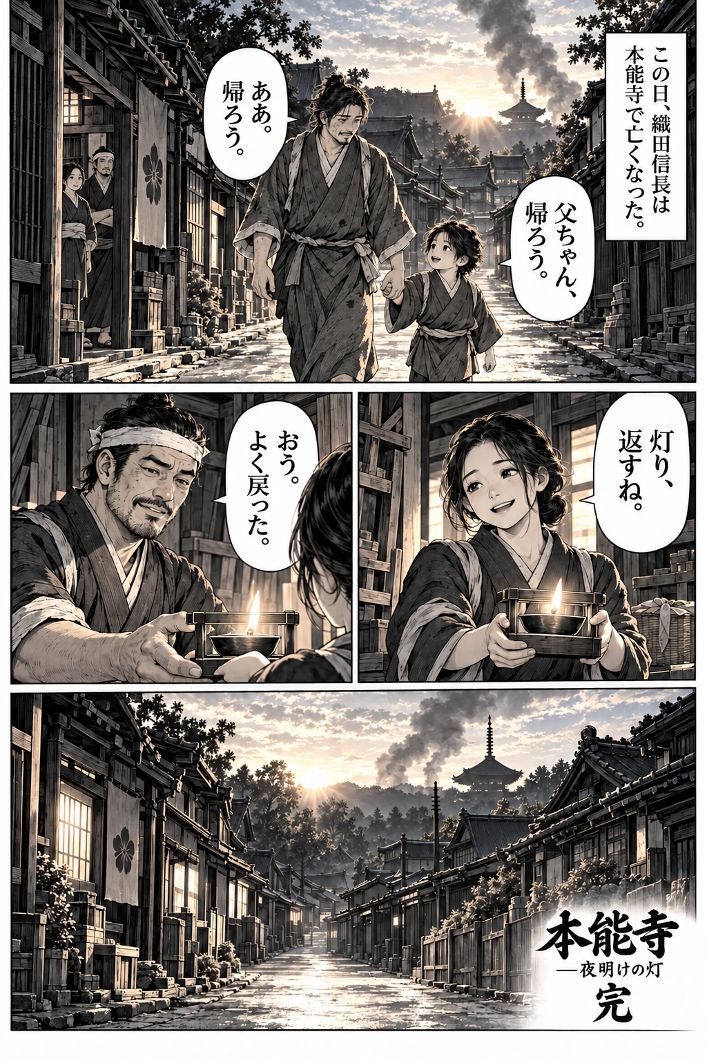 In the morning light, father and son leave the workshop. Sayo returns Jin’s lamp.