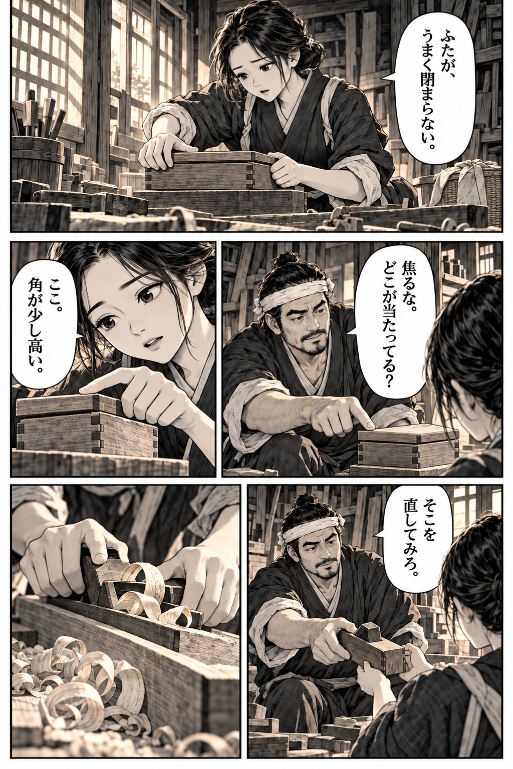 The lid catches on a raised corner. Jin helps Sayo find the part to repair.