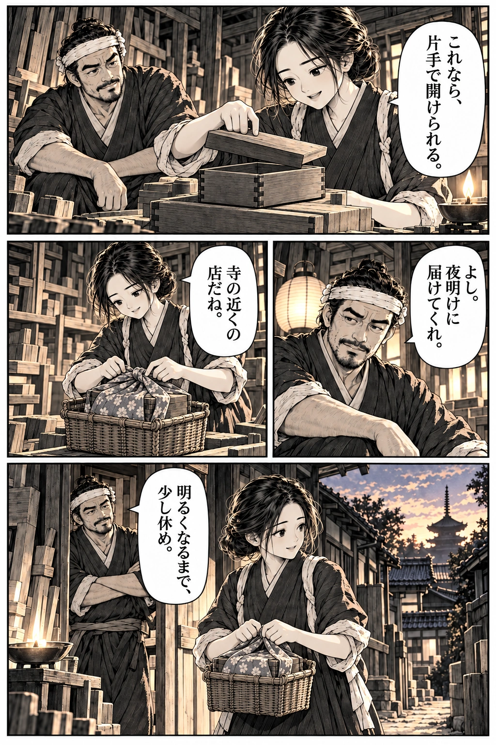 Sayo opens the repaired box with one hand. Jin asks her to deliver it at dawn.