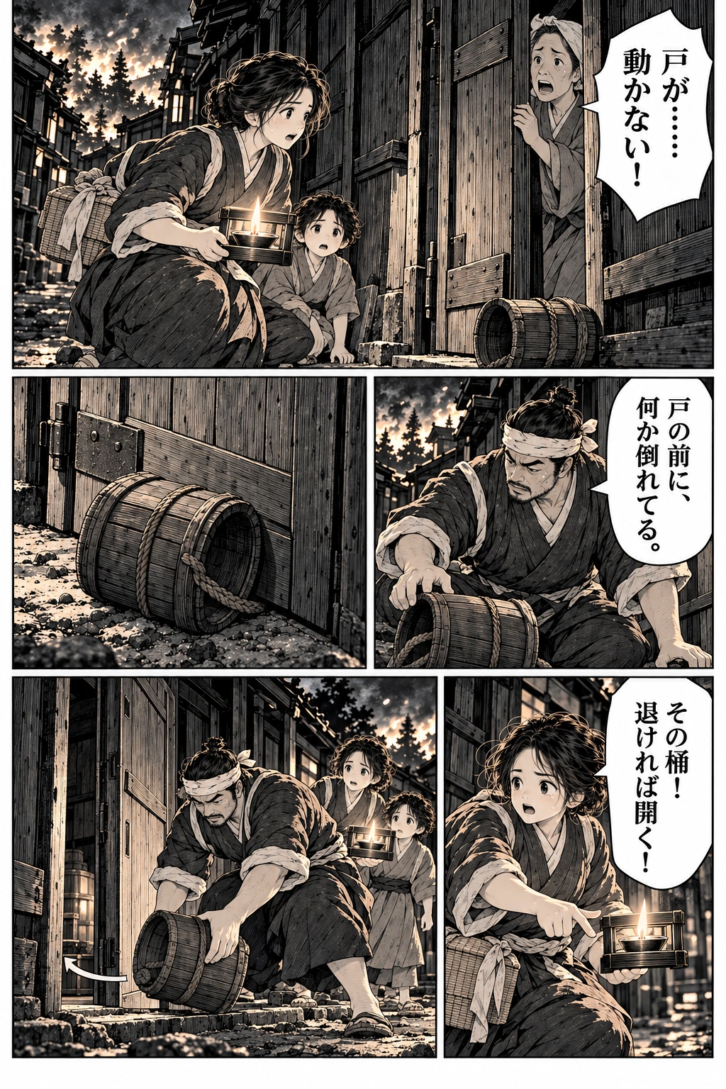 A fallen bucket blocks a door. Sayo and Jin work to clear the entrance.