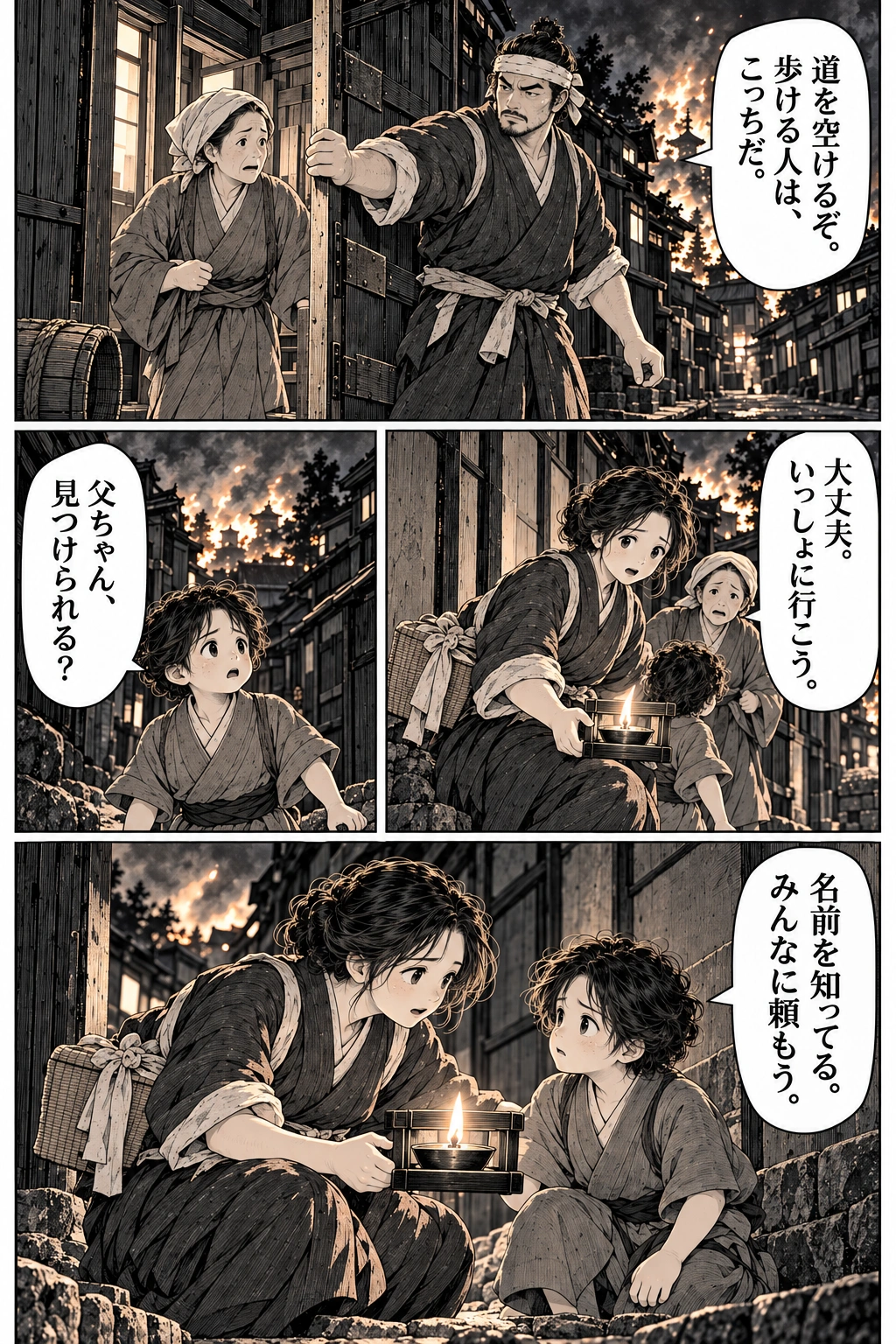 They clear a path and help people leave. Sayo promises to help the child find his father.