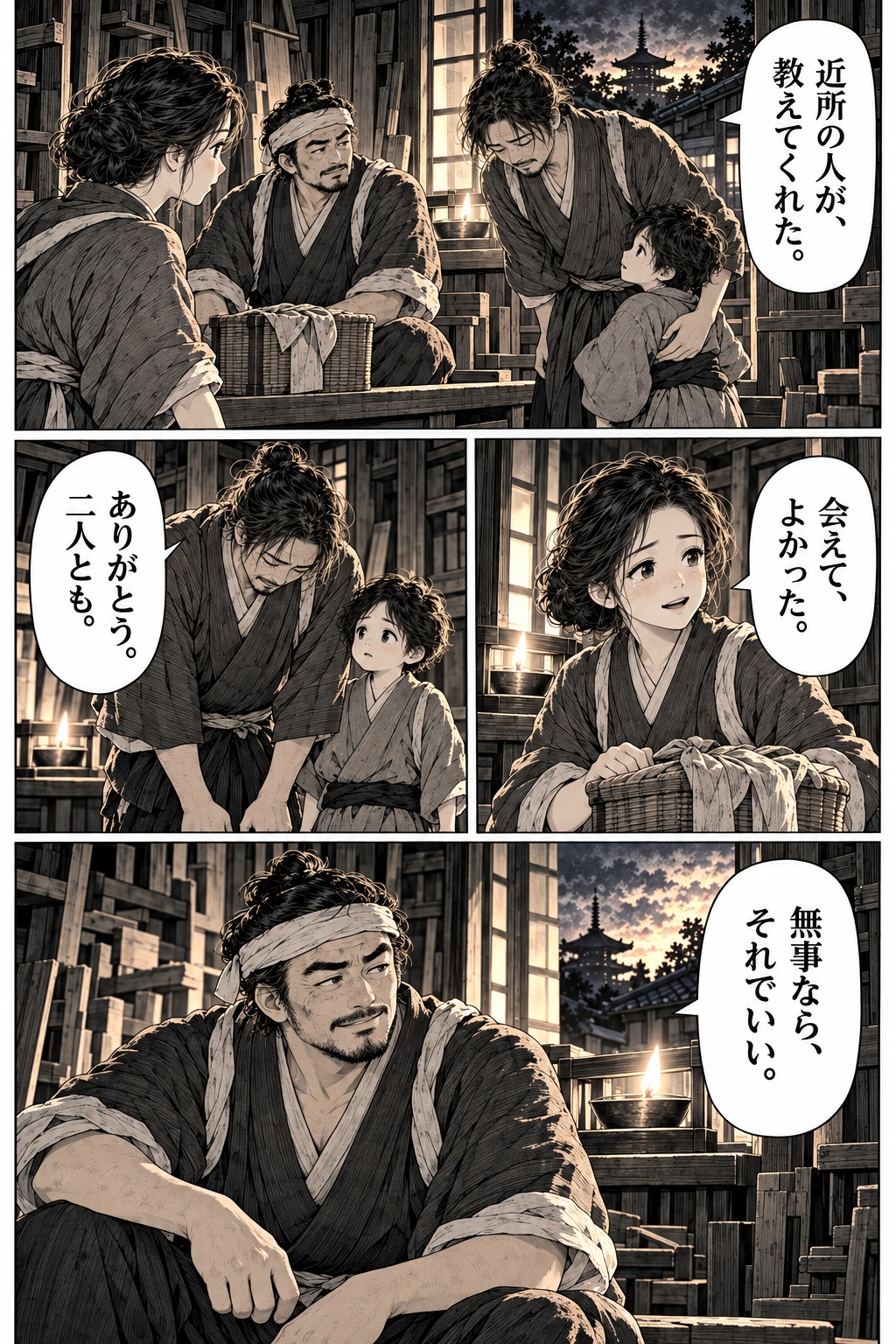 The father explains that neighbours showed him the way and thanks Sayo and Jin.