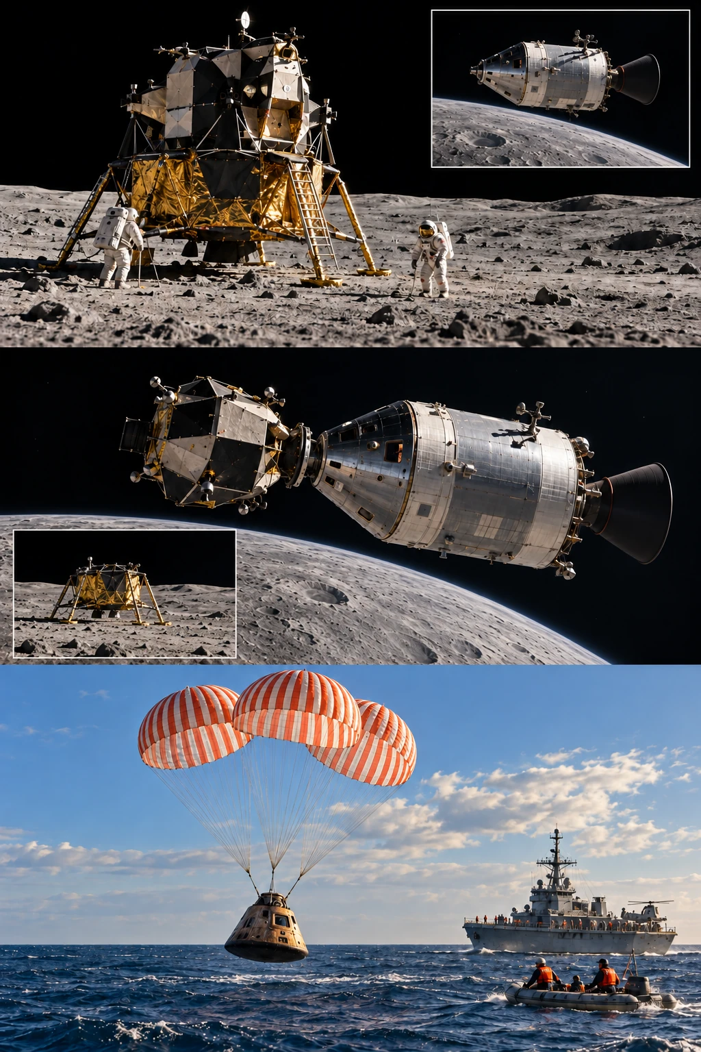 Eagle and two astronauts are on the Moon; a separate inset shows Columbia in lunar orbit.