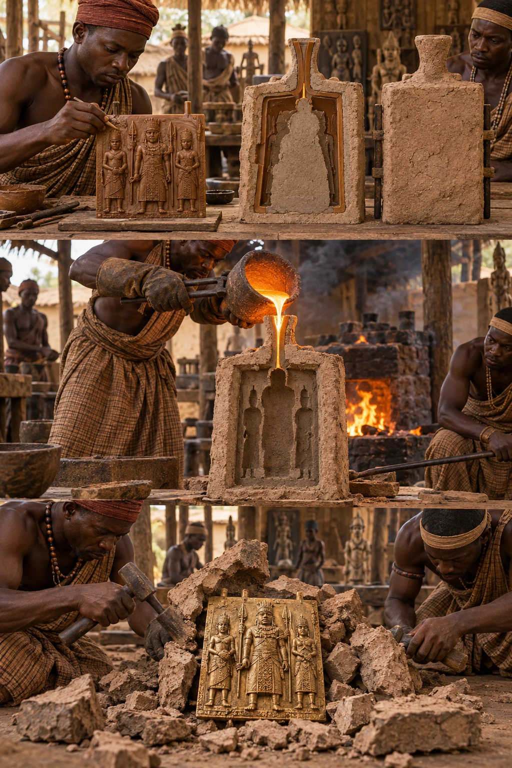 A wax model is enclosed in clay; a cutaway distinguishes wax and clay layers.