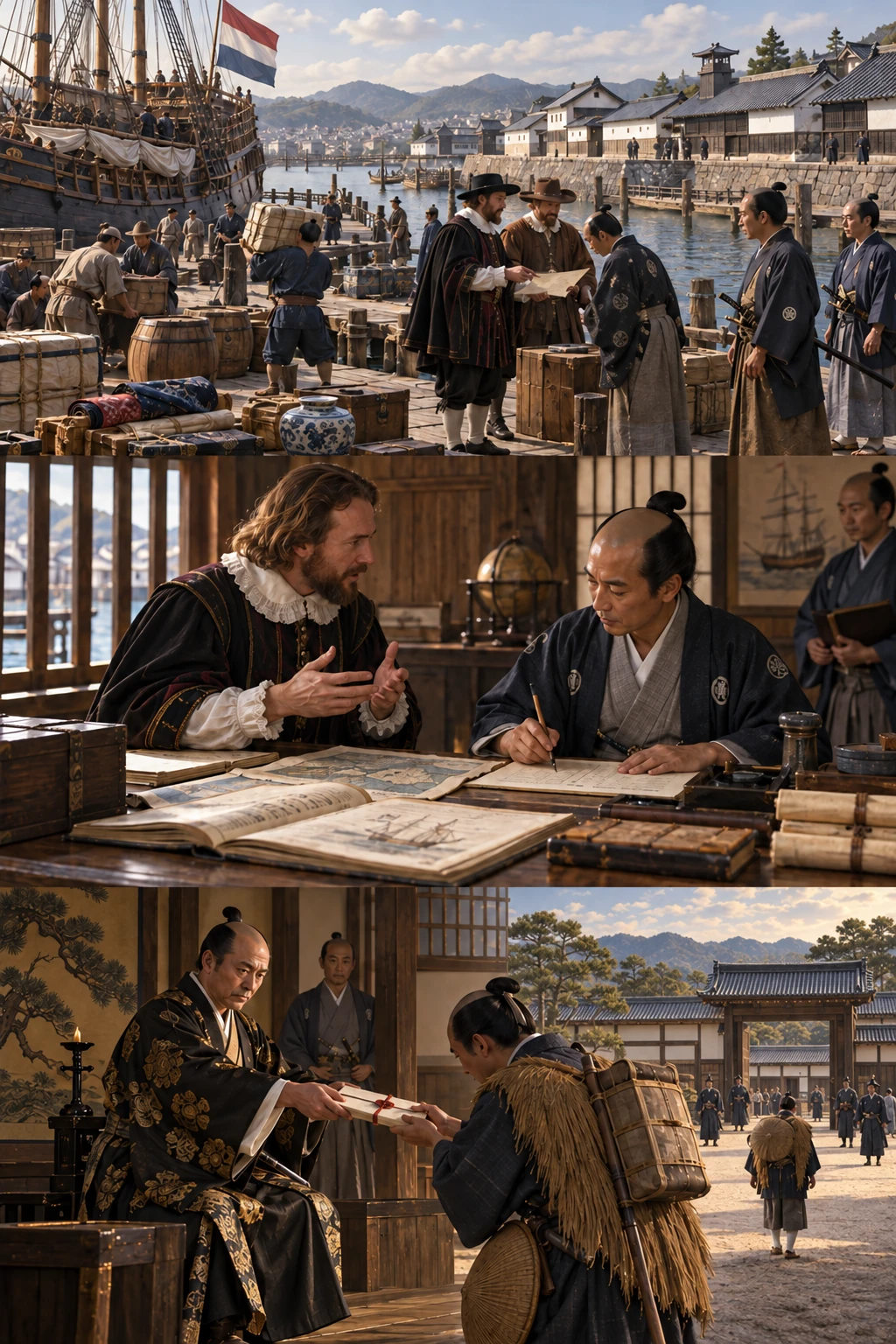 Cargo and news arrive by ship at Dejima’s trading post, an entry point for goods and information.