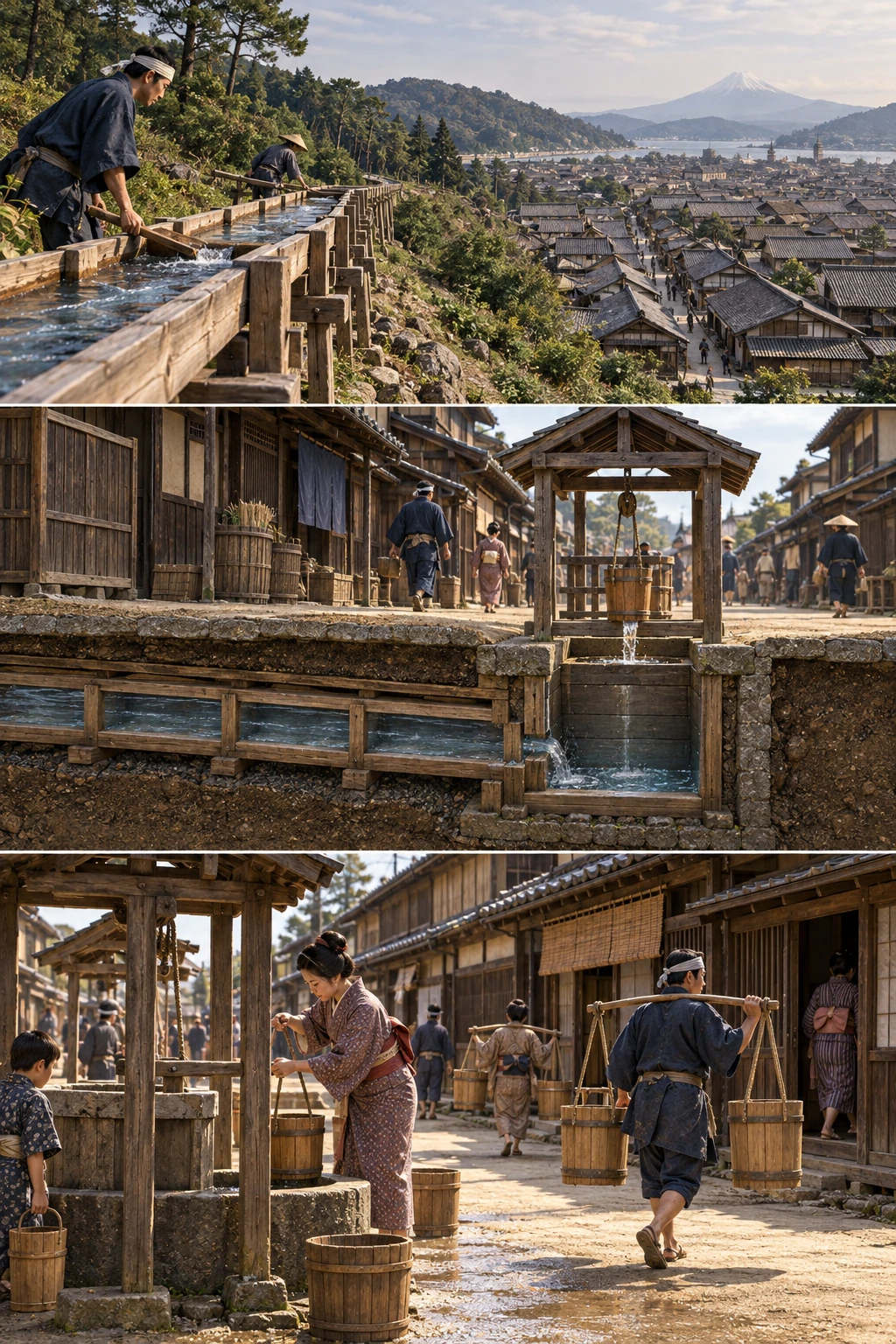 街の外から江戸へ水を引く上水の道。住まいと水源をつなぐ。