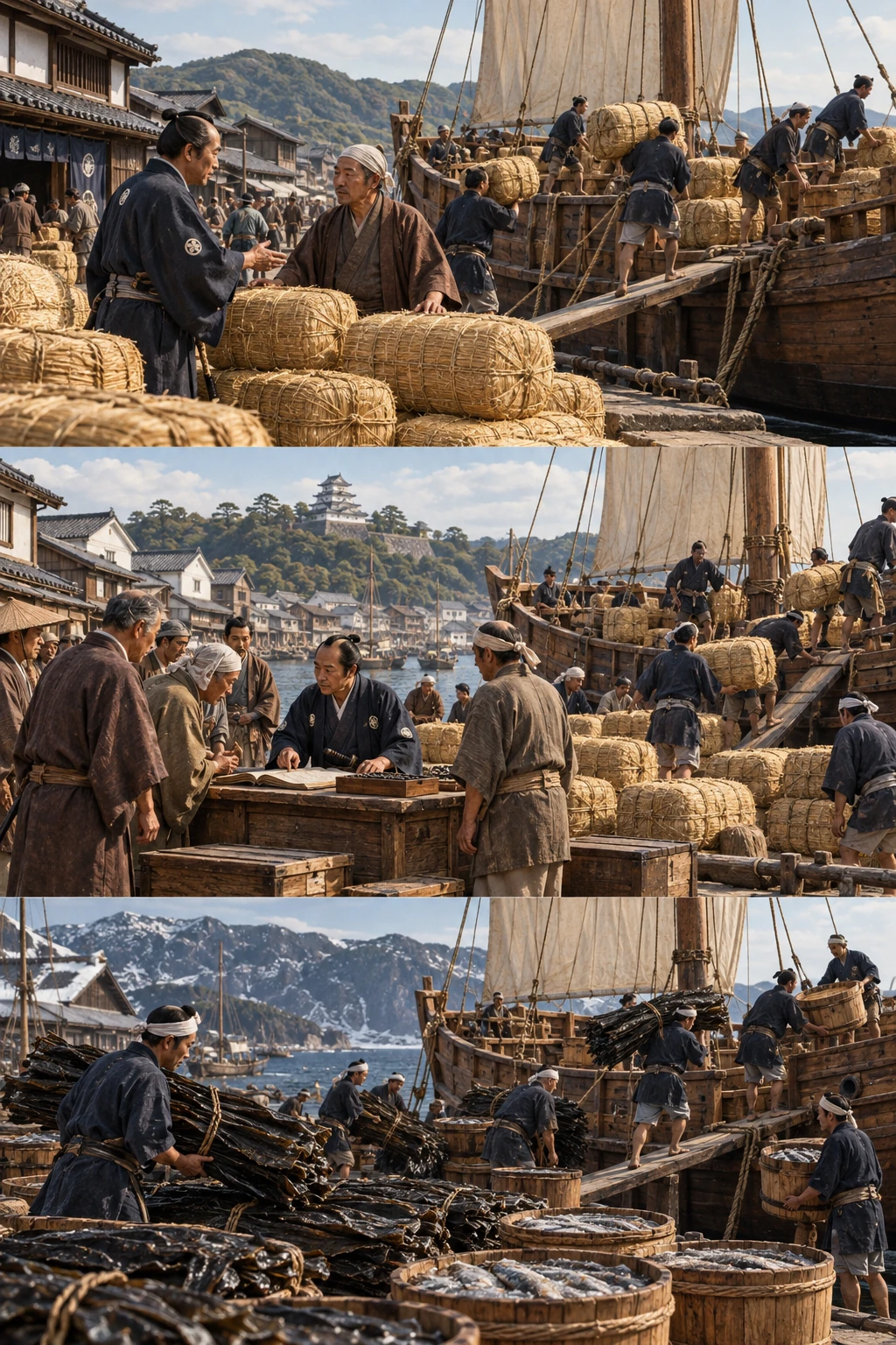 A shipowner buys rice at a port and loads it onto a wooden sailing vessel, owning the goods.