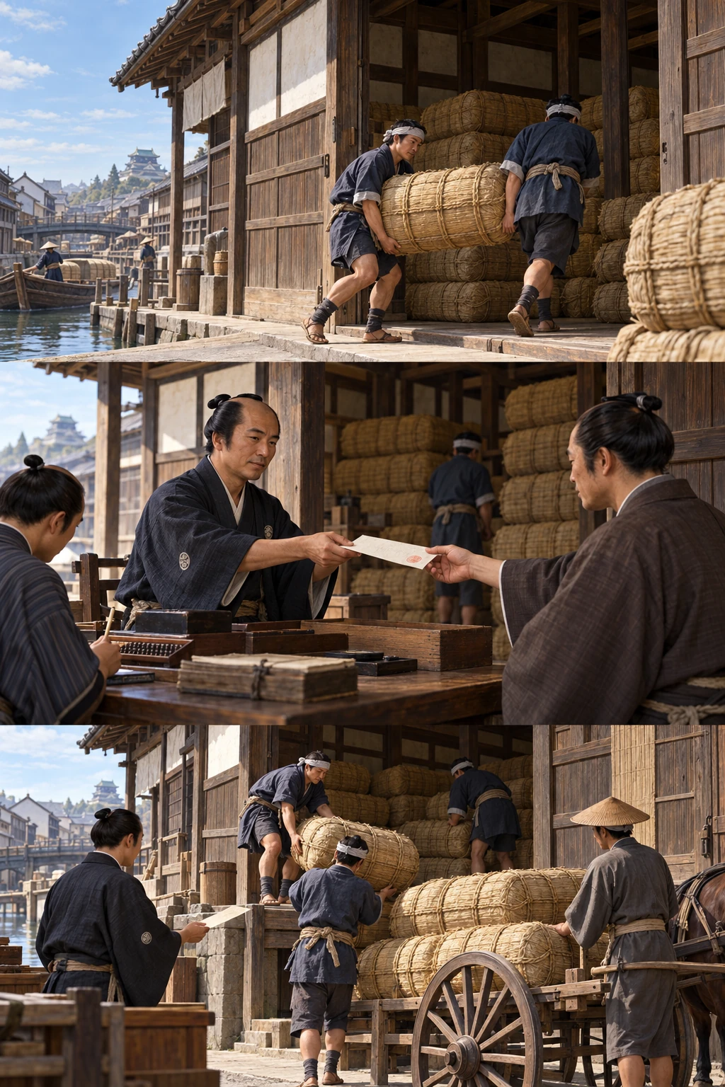 Straw-wrapped rice bales enter a canalside warehouse, where other bales remain stacked.
