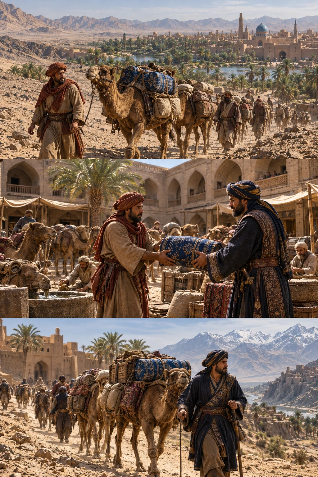 A caravan carries blue cloth toward a town, representing one merchant’s part of the journey.