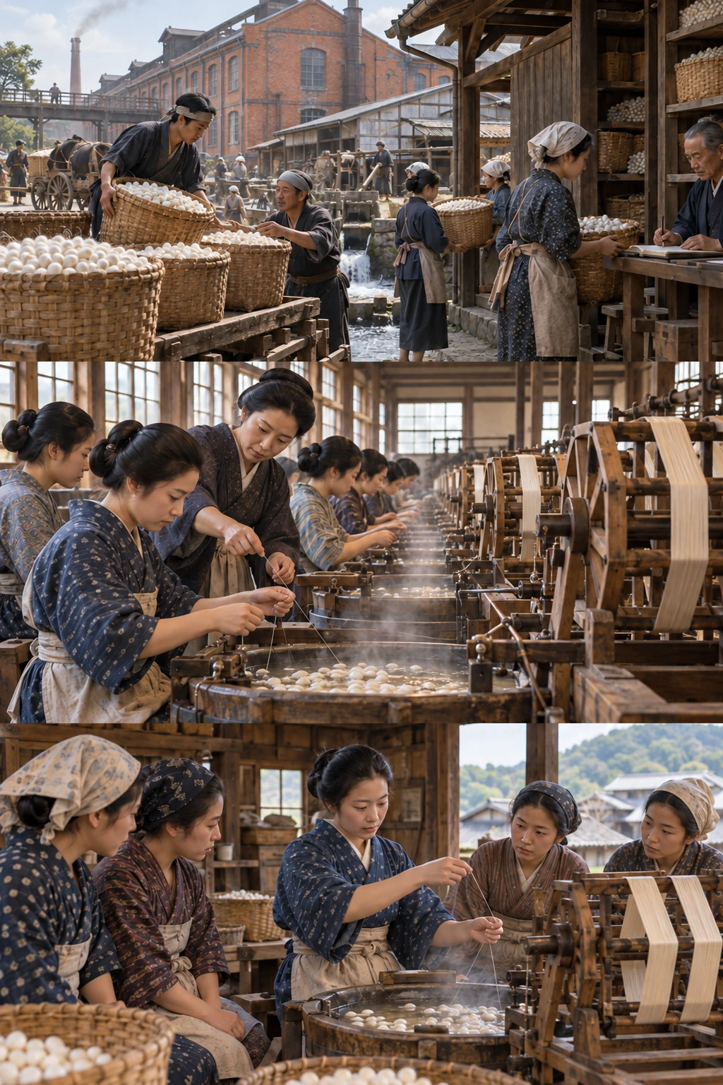White cocoons are brought to the mill with access to water and raw materials.