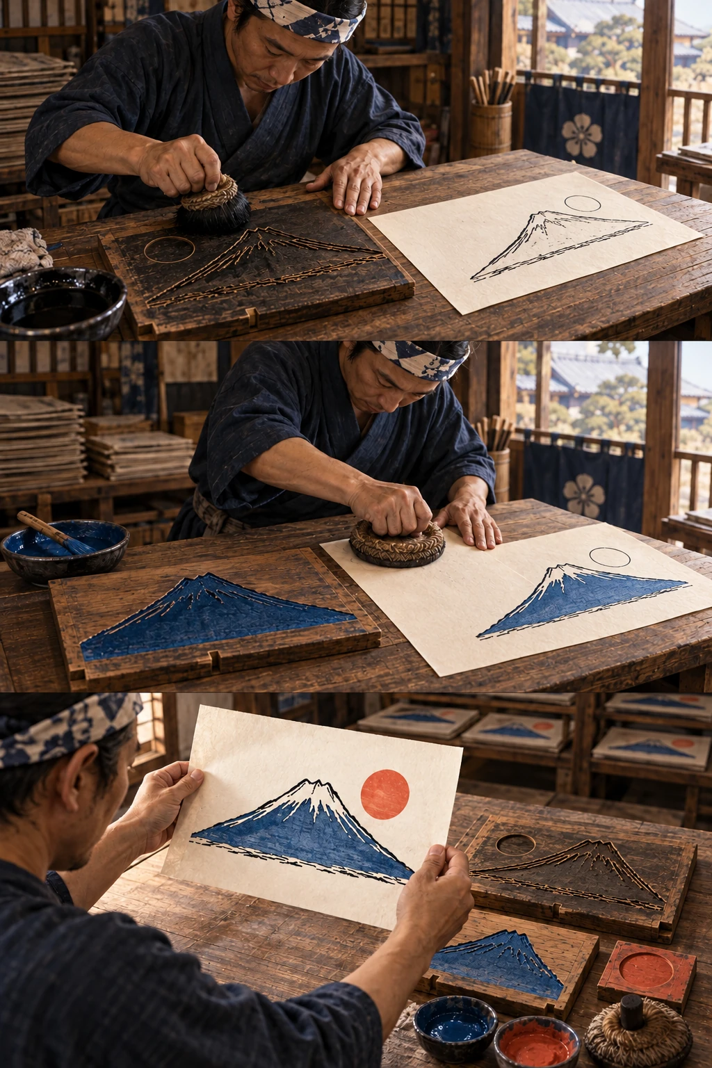 A keyblock transfers mountain and sun contours to paper. The carved design reverses on transfer.