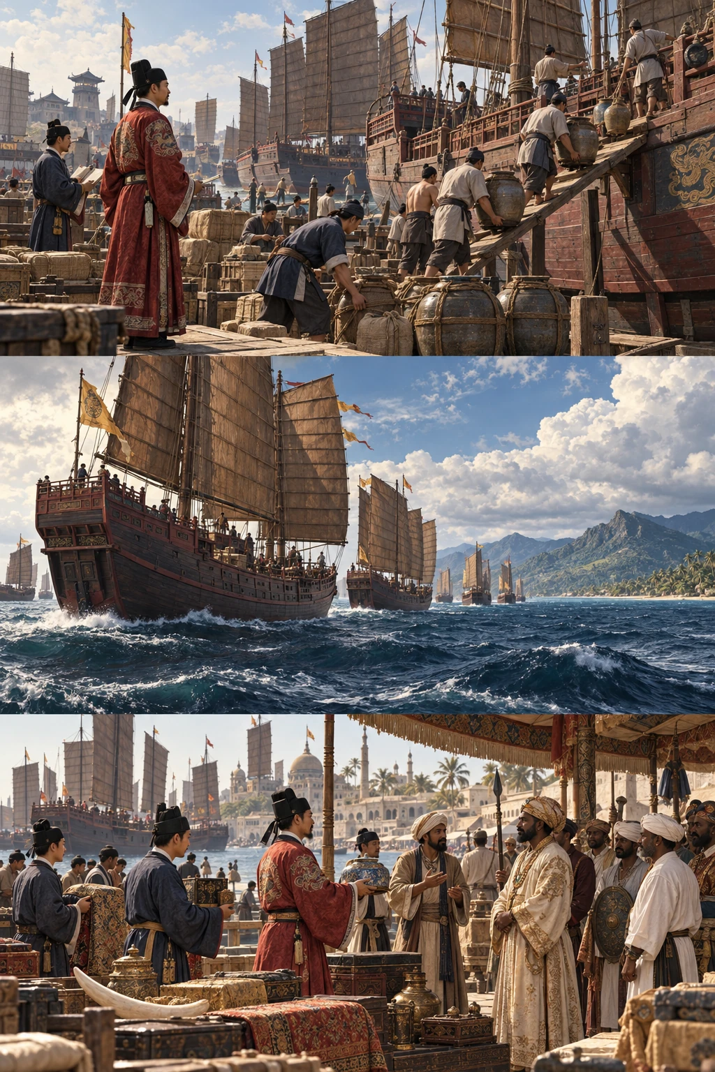 A Ming fleet loads water and provisions, preparing the support needed for a large expedition.